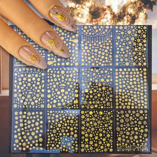 36 Sheets Christmas Snowflake Nail Decals,3D Self-Adhesive Winter Theme Holiday Nail Sticker White Silver Gold Snowflake Nail Art Design Decals DIY Nail Decoration Supplies for Women Girls