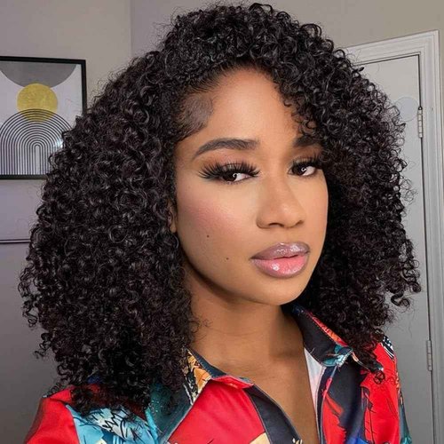 SheBase Kinky Curly Half Wig Human Hair 250% Density 16 Inch Burmese Kinkycurly Wig Human Hair,3 In 1 Seamless Flip Over Drawstring Ponytail Headband Wig Human Hair Glueless Wear and Go