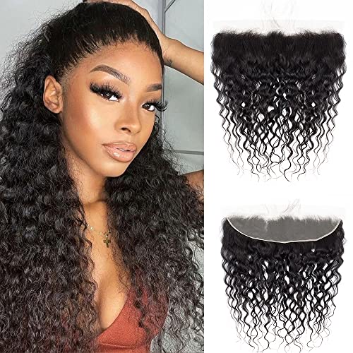 Kapelli Hair 13x4 Lace Frontal Closure Water Wave Regular HD Lace, 200% Density, 100% Brazilian Virgin Human Hair Ear to Ear HD Lace Frontal Pre Plucked with Baby Hair Natural Black Color 22 Inch