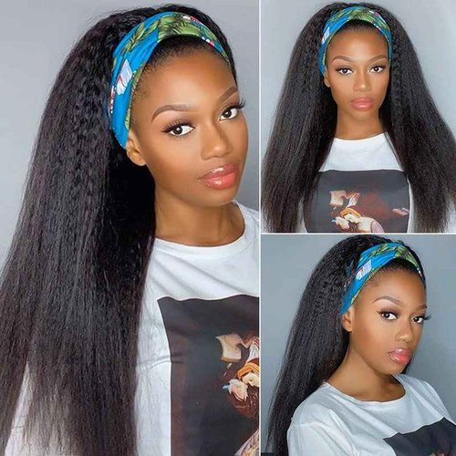 VIVIBABI Headband Wig Human Hair Kinky Straight 20 Inch Glueless None Lace Front Wigs for Black Women Headband Half Wigs 180% Density Natural Color