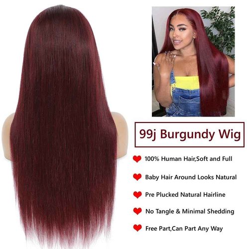 99j Burgundy Lace Front Wigs Human Hair 13x6.5 HD Burgundy Colored Lace Front Wigs Human Hair 250% Density Glueless Straight Wigs Human Hair Pre Plucked with Baby Hair (22 inch, 99j)