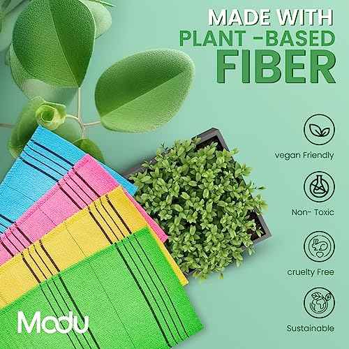 Modu Korean Exfoliating Mitts Large 4PCS (Green, Yellow, Sky Blue, Pink) ? Exfoliating Gloves Body Scrubber Italy Towel Washcloth for Korean Spa at Home, Dead Skin Remover, 100% Vegan Viscose