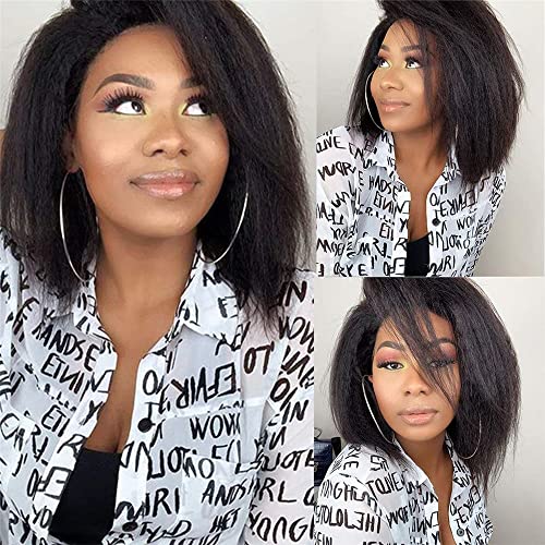 16 Inch Kinky Straight Human Hair Wigs, 13x4, 180% Brazilian Remy Hair, Yaki Lace Front Wig for Women