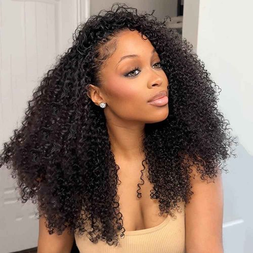 Kinky Curly Half Wig Human Hair 200% Density 3 In 1 Seamless Clip Ins Flip Over Half Wig Wear and Go Glueless Wigs Human Hair for Women Drawstring Headband Wig Beginner Friendly (Black, 18 Inch)