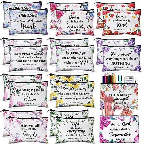 24 Pcs Christian Makeup Bag Bible Cosmetic Bags Inspirational Bible Verse Toiletry Pouches Canvas Motivational Pouches with Zipper for Women Organize Cosmetics Toiletries Stationery(Floral)