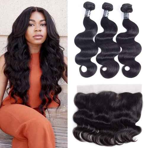 Amella Hair 8A Brazilian Body Wave 13x4 Lace Frontal Closure with Bundles (14 16 18 +14Frontal) 100% Unprocessed Brazilian Virgin Hair Body Wave with Frontal Closure