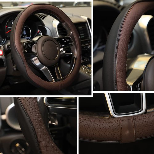 Gomass Car Steering Wheel Cover, Anti-Slip, Safety, Soft, Breathable, Heavy Duty, Thick, Full Surround, Sports Style (Black Brown)