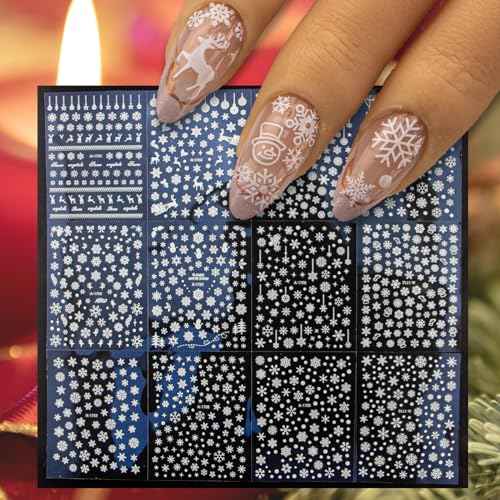 36 Sheets Christmas Snowflake Nail Decals,3D Self-Adhesive Winter Theme Holiday Nail Sticker White Silver Gold Snowflake Nail Art Design Decals DIY Nail Decoration Supplies for Women Girls