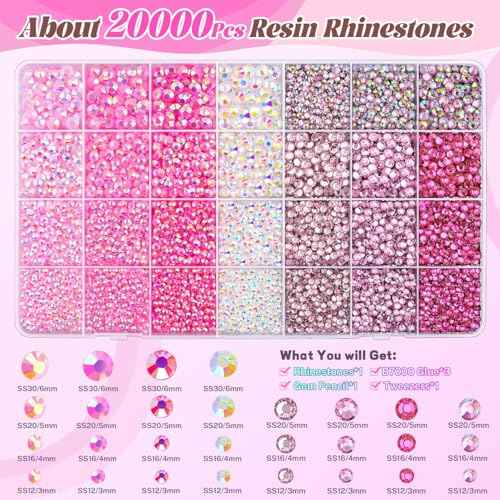20000Pcs Pink Rhinestones for Bedazzling with 3Pcs B7000 Jewelry Glue, Resin Rhinestones for Crafting Crafts£¬Bedazzler Kit Flatback Gems for Clothing Shoes Tumblers Nail Art