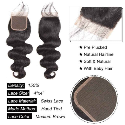 YISEA 12A Brazilian Body Wave Bundles with Closure(12 14 16 18+10 Closure) 100% Unprocessed Human Hair 4 Bundles with 4x4 Lace Closure Braziian Virgin Human Hair