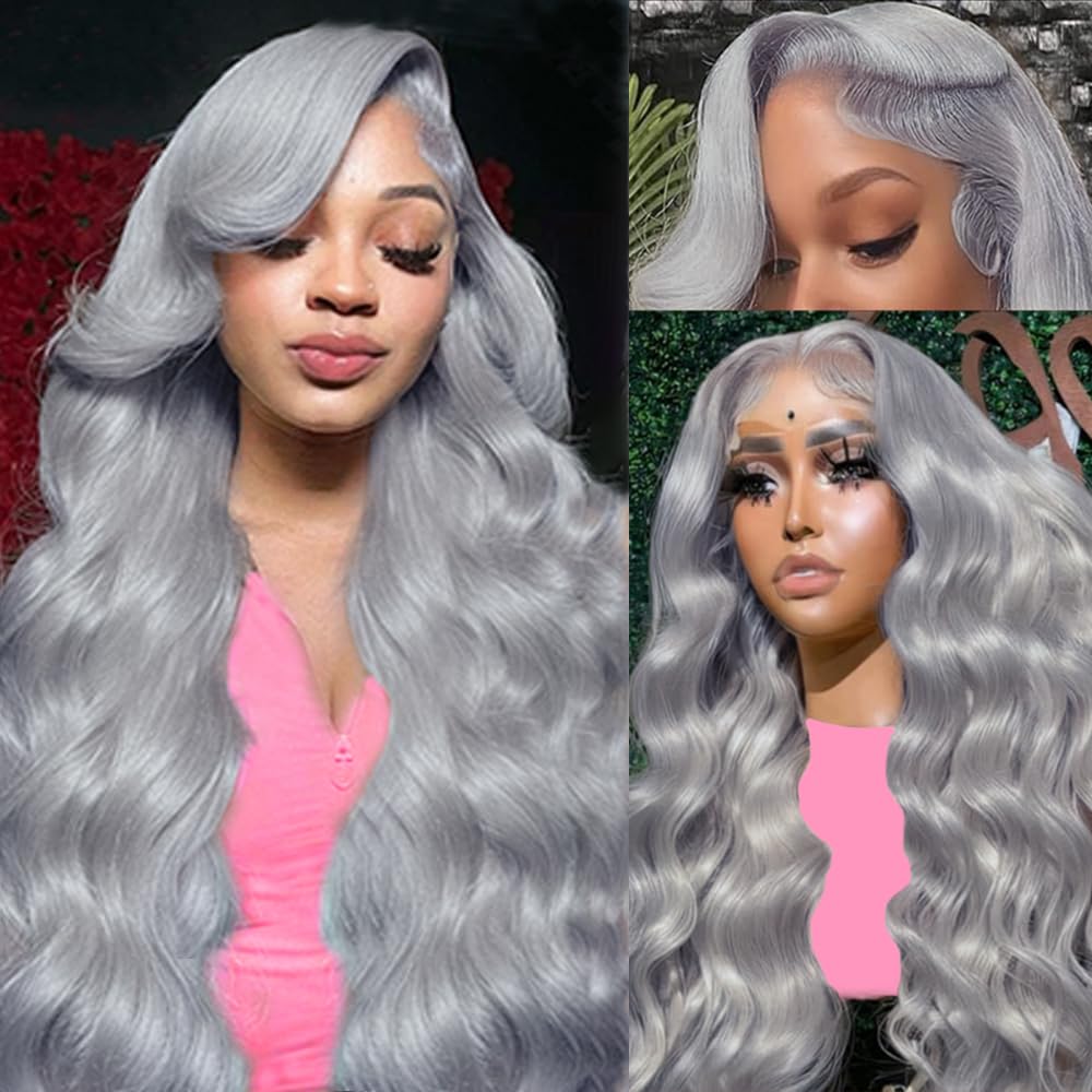 Grey Human Hair Wig 13X4 Body Wave Grey Lace Front Wigs Human Hair Pre Plucked with Baby hair 180% Density Colored wigs for Women 24 inch