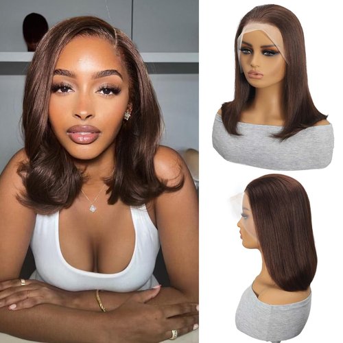 YOUFA Chocolate Brown Short Bob Human Hair Wigs Pre Colored #4 Lace Frontal Wig Pre Plucked 13x4 Transparent Lace Front Human Hair Wigs (Chocolate Brown, 14 inch)