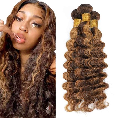 P4/27 Highlight Deep Wave Bundles Brown and Honey Blonde Human Hair 3 Bundles Brazilian 100% Unprocessed Virgin Extensions Double Weft Bundle Piano Color 14 16 18 Inch