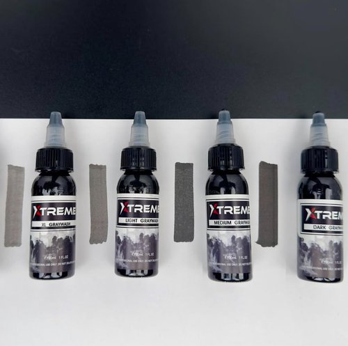 Xtreme Ink Greywash Set, Unleash Artistry with Subtle Shades, Extra Light, Light, Medium, and Dark Graywash, Ethical, Sterilized, and Ready-to-Use Tattoo Pigment Dispersion (Set of 4, 4 oz)