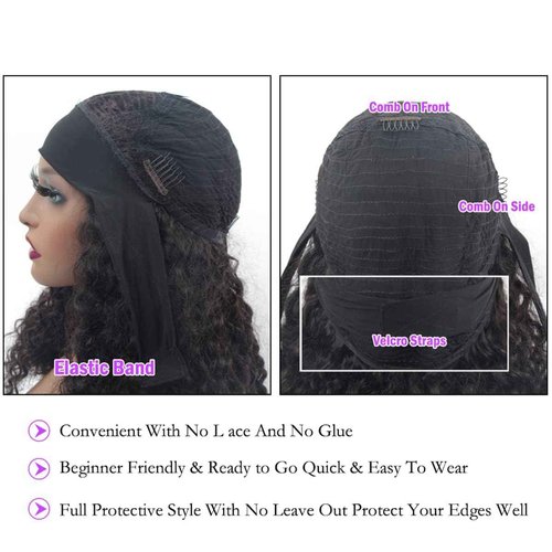 mmiQus Long Headband Wig Human Hair Water Wave Headband Wigs for Women Curly Wigs Glueless No Lace Front Wig Brazilian Virgin Human Hair 180% Density Natural Black 24 Inch