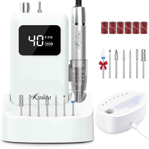 Kredioo Professional Nail Drill Brushless 40,000RPM Rechargeable 2-in-1 Portable Electric Nail File Ultra Silent Salon Must Haves Christmas Nail Tool Kit Removing Acylic Gels