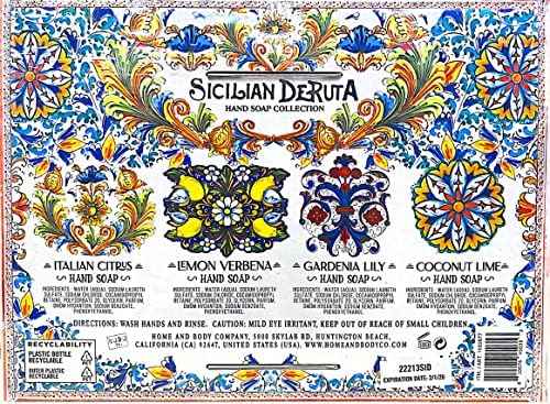 Sicilian Deruta | Hand Soap Collection 4 x 21.5 fl.oz Plastic Bottles Italian Citrus Lemon Verbena Gardenia Lily Coconut Lime 86 Fl Oz