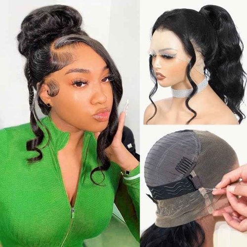 Hidden Strap Drawstring Wig 360 Lace Front Glueless Wigs Human Hair Pre Plucked Pre Cut 200 Density Glueless Body Wave Frontal 360 Full Lace Human Hair Wigs HD Lace Front Wigs 20 Inch