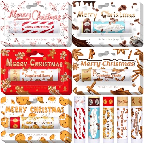 50 Pcs Christmas Peppermint Candy Flavor Lip Balms Bulk Peppermint Candy Gingerbread Hot Cocoa Cookie Cinnamon Flavor Lip Balms Christmas Party Gifts Stocking Stuffers for Employee Staff