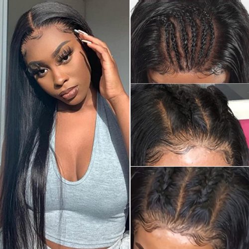 DELHELHAIR 28Inch Straight 4x4 Lace Front Wigs for Black Women Glueless Human Hair Wear and Go Brazilian Virgin HD Transparent Lace Closure Wigs Pre Plucked with Baby Hair