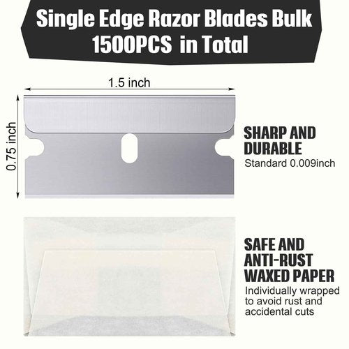 Lasnten 1500 Pcs Single Edge Razor Blades, Industrial Scraper Razor Blades Safety Straight Edge Replacement Box Cutter Blade for Glass Paint Scraper, Removing Labels, Decals, Stickers