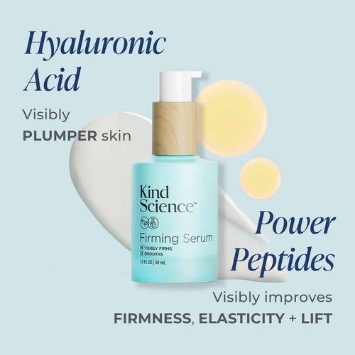 Kind Science Firming Face Serum for Women - Hyaluronic Acid Serum for Face Visibly Smooths Wrinkles - Bakuchiol Retinol Alternative with Peptides - Anti Aging Skin Care for Sensitive Skin, 1 fl oz