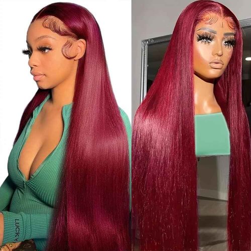 Katonyo 28 Inch 99J Burgundy Lace Front Wigs Human Hair 13x4 Straight Lace Front Wigs Human Pre Plucked Burgundy Wig Human Hair Wine Red Wigs for Women 180% Density Straight Colored Wigs