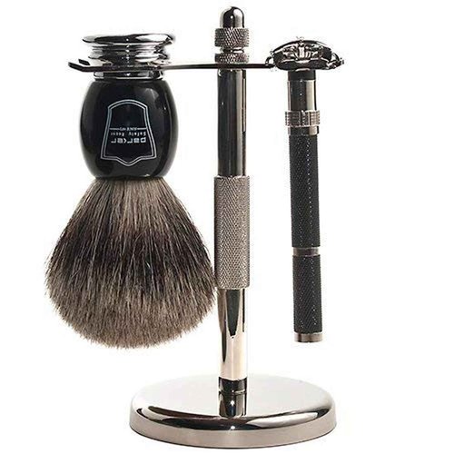 Parker 96R Men's Safety Razor Shave Set - Includes Parker Luxurious 3-Band Pure Badger Shave Brush, Deluxe Chrome Shave Stand & Parker 96R Butterfly Open Safety Razor