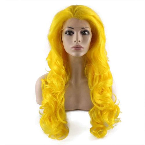 MX angel Long Wavy Celebrity Synthetic Lace Front Yellow Cosplay Party Wig