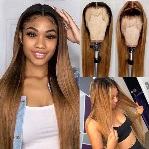 Spotlight Ombre Brown 13x4x1 Straight Lace Front Wigs Human Hair 20 Inch T-Part HD Lace Front Wigs for Black Women 100% Brazilian Virgin Human Hair Wigs 150% Density TT1B/30 Color