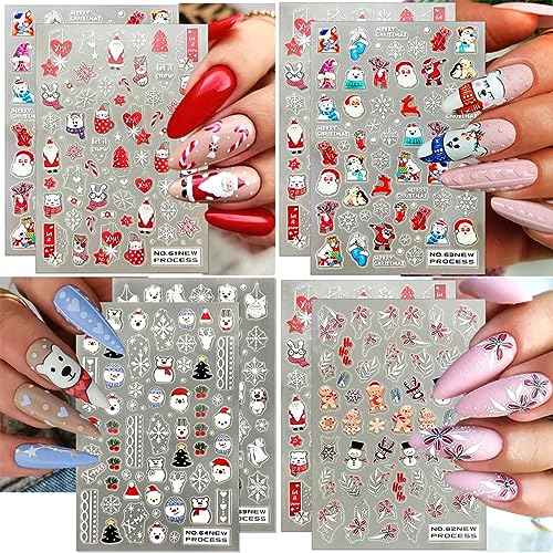 6Sheets Christmas Nail Stickers for Nail Art, 3D Snowflake Nail Decals Cute Cartoon Elk Santa Claus Snowman Penguin Deer Snowflakes Nail Art Stickers for Xmas Winter Decal New Year Manicure Decor