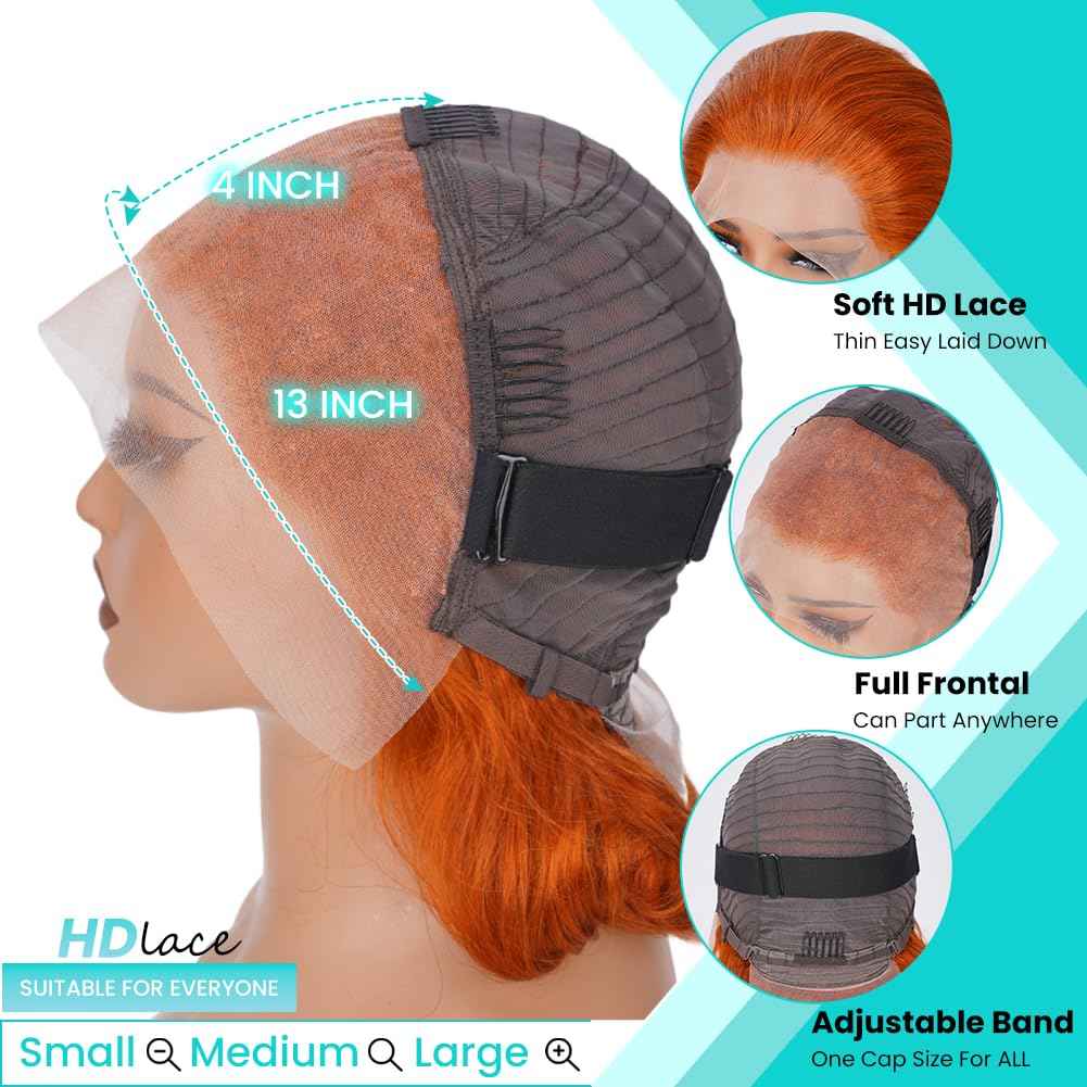 350 Ginger Orange Lace Front Wigs Human Hair Pre Plucked 13x4 Transparent HD Lace Frontal Wigs with Baby Hair Body Wave Bob Wig Human Lace Front Wigs for Black Women 180% Density 16 inch