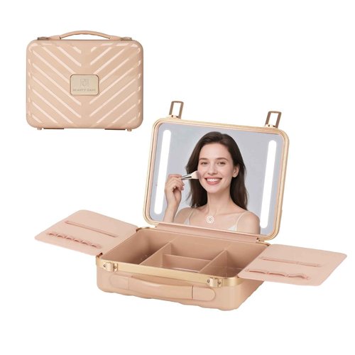 BEAUTY CASE Makeup Case with 4K LED Mirror, 12 Inch Shockproof ABS Hard Shell Cosmetic Organizer Bag, Portable Travel Vanity Box with Aluminum Frame, Snap Buckle, Gift for Women Girls, Pink