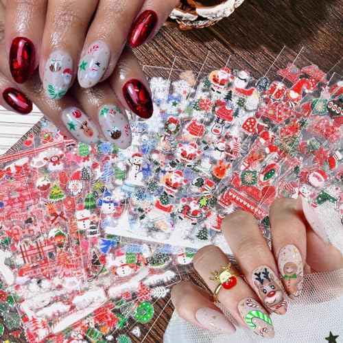 30Pcs/Set Glitter Christmas Nail Sticker 3D Self- Adhesive Nail Decals with Cute Penguin Deer Snowman Snowflake Elk Santa Claus Design Xmas Nail Art Stickers for Women Winter Holiday Nail Decorations