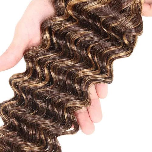 Dokksiiia 26 28 30 Inch Ombre P4/27 Deep Wave Human Hair Bundles Highlight Piano Color Dark Brown and Honey Blonde Bundles Brazilian Human Hair Sew-In Weave Extensions Soft & Thick