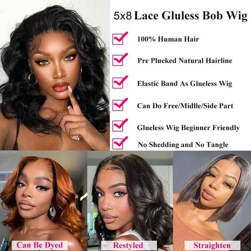 5x8 Glueless Wigs Human Hair Pre Plucked Pre Cut Bob Wig Human Hair 200% Density Body Wave Lace Front Wigs Human Hair HD Closure Wigs Short Bob Wigs for Black Women Wear and Go Glueless Wig 14 Inch