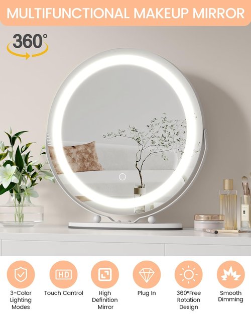 GAOMON Vanity Mirror with Led Lights, 19 Inches Touch Control 3 Color 2024 New Dimmable Makeup Mirror, 360°Rotation Round Desk Mirror, Easy to Assemble (White)