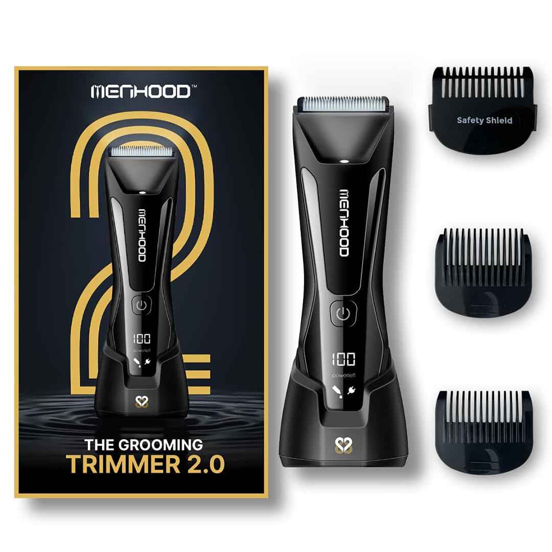 MENHOOD Grooming Trimmer 2.0 – Groin & Body Trimmer for Men with Replaceable Ceramic Blade Heads & IPX7 Water Protection – Snag-Free Ball Shaver with 150-Minute Run Time