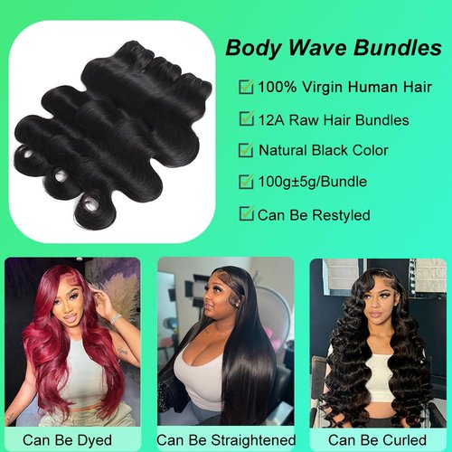 Dewelly 12A Human Hair Bundles Body Wave 3 Bundles Human Hair 16 18 20 Inch 100% Unprocessed Brazilian Virgin Real Human Hair Bundles Deals Quick Weave Hair Extension Natural Black Color