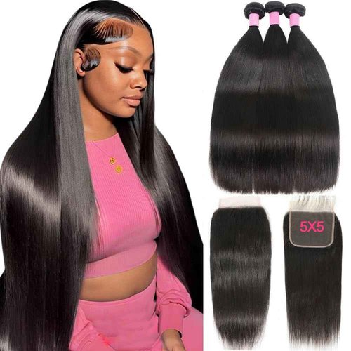 LXYANOO 12A Straight Bundles Human Hair with 5x5 Closure 18 20 22+16 Inch Brazilian Human Hair Weave Bundles with 5x5 HD Lace Closure 100% Unprocessed Virgin Hair Extensions
