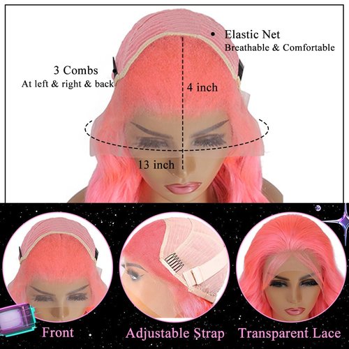 AHUFALU Pink Wear and Go Glueless Wig 13x4 HD Lace Pink Straight Glueless Wigs Human Hair Pre Plucked with baby hair Colored Closure Wigs for Women 150% Density 26Inch