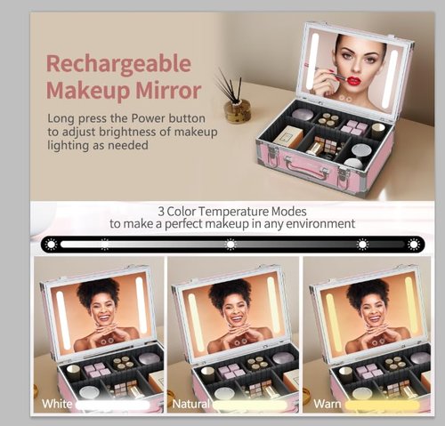 Cybergiant Travel Makeup Case with LED Mirror - Hard Shell Pink Travel Makeup Bag with Mirror - Portable Makeup Organizer with Mirror, Vanity Case for Cosmetics, Adjustable Divider