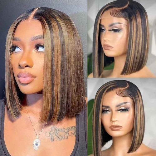 QTIKER Stylish Highlight Bob Wig 1b30 Human Hair 13x4 Frontal Lace Preplucked Colored Bob Wigs Transparent Lace Short Style Bobbing Wig (13X4 1b30 BOB, 16 INCH)