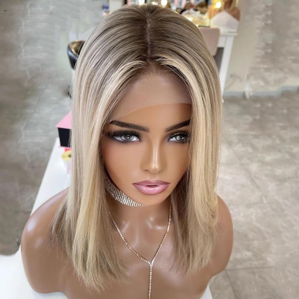 MYMYDA Short Highlight Lace Front Bob Wigs for Black Women Human Hair Pre Plucked 4x4 Lace Closure Wig Ombre 613 Blonde Mixed Light Brown Dark Roots Colored Wig 16 Inch