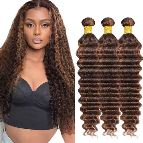 ZevPiul P430 Highlight Brown Bundles Human Hair Deep Wave 3 Bundles 24 26 28 Inch Unprocessed Brazilian Virgin Remy Dark Brown Deep Wave Bundle Human Hair Extensions