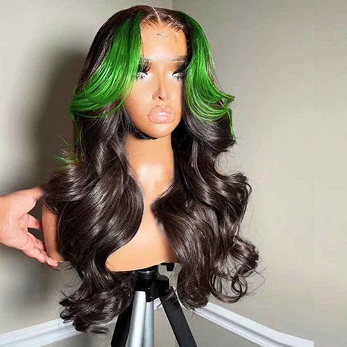 JYZ Skunk Stripe Human Hair Lace Front Wigs Green Highlights Wig Wavy 13X4 HD Lace Front Wigs Human Hair 200% Density Pre Plucked with Baby Hair 22inch Middle Part