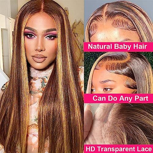 28 Inch Highlight Ombre Lace Front Wig Human Hair Pre Plucked 13x4 Colored 4/27 HD Lace Frontal Human Hair Wigs with Baby Hair 180% Density Honey Blonde Straight Lace Front Wigs Human Hair