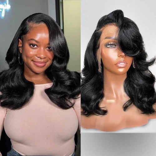 UVVUVV 13x4 Body Wave Lace Front Wigs Human Hair 180 Density 16 Inch Lace Frontal Wigs Human Hair Pre Plucked HD Transparent Short Body Wave Wigs for Women Natural Black Color