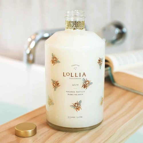 Lollia Wish Bubble Bath, 33.8 fl oz, Vanilla Bean, Rice Flower, Jasmine Leaves, & Sugar Cane, Luxury Hydrating Women's Bubbling Bath Soap, Delicate & Relaxing Scented Skin Care