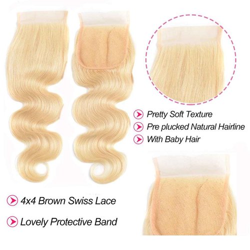 Blonde Human Hair Bundles Body Wave 613 Bundles with Closure (14 16 18+12 Inch) 100% Unprocessed 12A Grade Brazilian Virgin Remy Sew In Hair Extensions Silky and Soft No Tangle Multipurpose